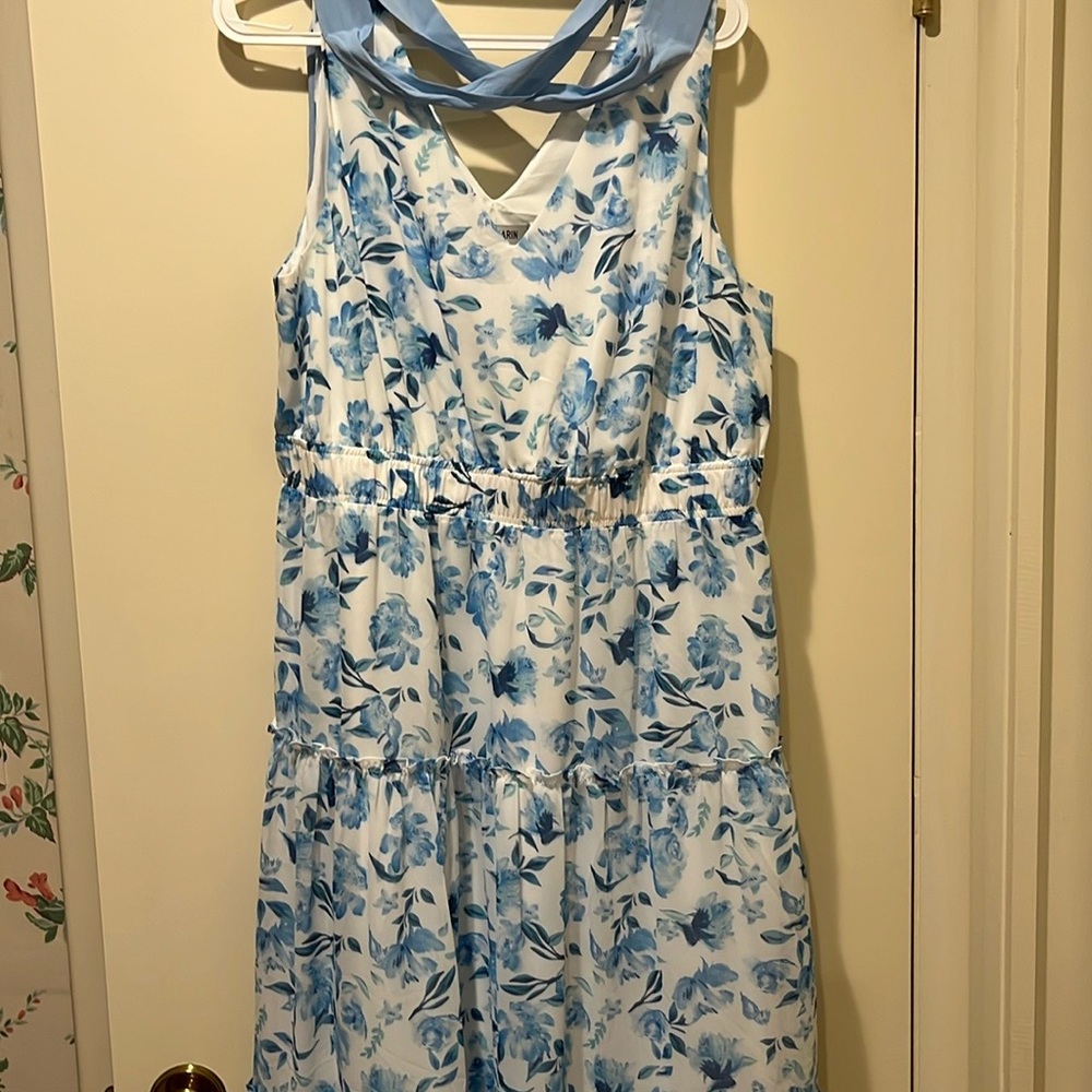 Grace Karin Blue and White Sleeveless V-Neck Maxi Dress